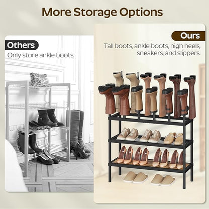 YATINEY Shoe and Boot Rack Organizer, Tall Boots Rack for Closet, Cowboy Shoes Storage, 4 Tier Shoe Racks Organizer Holds 14 Pairs, Black and Rustic Brown SS29BR