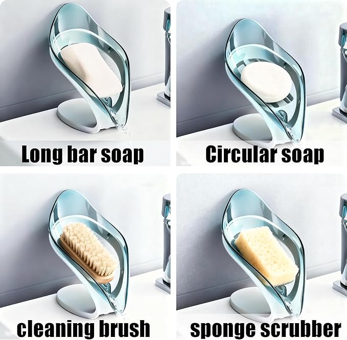 Self Draining Leaf Soap Dish – Easy to Clean Waterfall Soap Holder, Multi-Use for Shower, Bathroom & Kitchen Sink, Durable & Stylish (Blue)