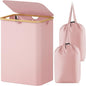 Lifewit 150L Laundry Basket with Lid, Clothes Hampers for Laundry with Bamboo Handles and 2 Removable Bag, Large Foldable Laundry Hamper for Bedroom, Bathroom, Dorm, Laundry Room, Pink