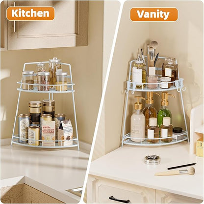 VITVITI 2 Tier Corner Bathroom Counter Organizer, Metal Bathroom Countertop Organizer Shelf Storage, Bath Room Sink Makeup Organizers for Vanity Perfume Skincare with Hooks, White