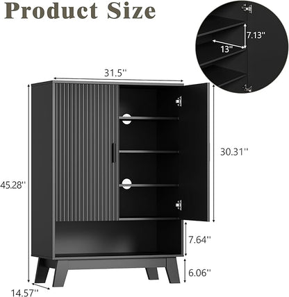 Shoe Cabinet Storage for Entryway, 5 Tier Fluted Shoe Storage Cabinet with Wooden Legs, Narrow Hidden Shoe Organizer with Adjustable Shelves, Freestanding Shoe Rack for Entryway, Hallway, Black