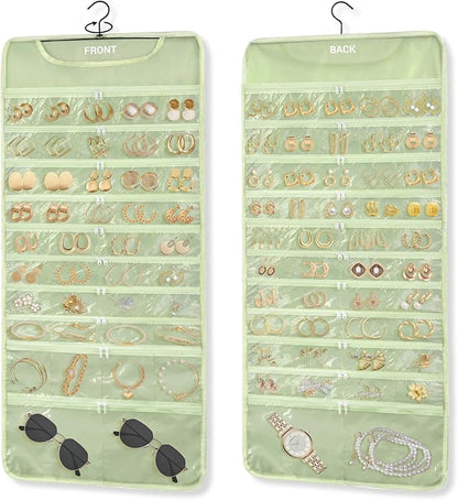 FOREGOER Hanging Jewelry Organizer with 88 Zippered Pockets, Dustproof Foldable for Travel, Accessories Organizer for Holding Jewelries, Earring Organizers and Storage (Green)