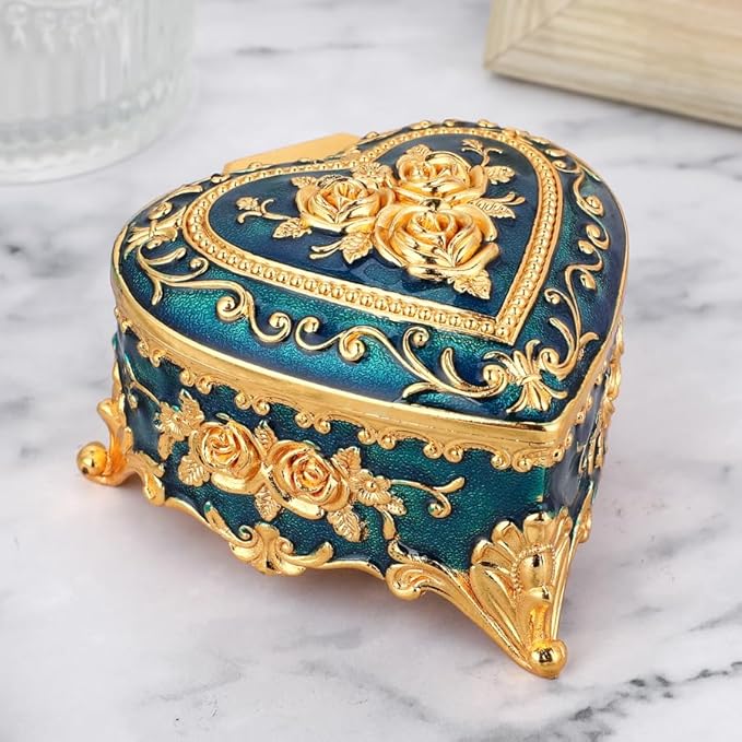 Retro Metal Jewelry Box - Heart shaped Jewelry Play Box with Rose Table Jewelry Storage Box Used for Rings Earrings Necklaces Women's Gifts Girls' Gifts (Blue)