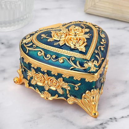 Retro Metal Jewelry Box - Heart shaped Jewelry Play Box with Rose Table Jewelry Storage Box Used for Rings Earrings Necklaces Women's Gifts Girls' Gifts (Blue)