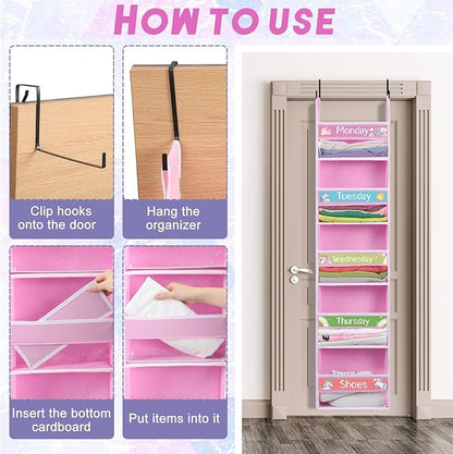 2 Pack 5 Shelf Weekly Clothes Organizer for Kids Over the Door Hanging Storage Monday through Friday Heavy Duty Clothes Organization for Bathroom Nursery Bathroom Kitchen(Pink)
