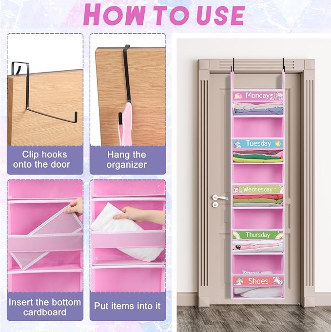 Pink Blue 2 Pack 5 Shelf Weekly Clothes Organizer for Kids Over the Door Hanging Storage Monday through Friday Heavy Duty Clothes Organization for Bathroom Nursery Bathroom Kitchen