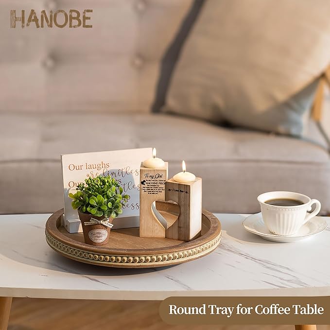 Hanobe Lazy Susan Centerpiece Tray: Round Wooden Turntable Organizer 12" for Dining Table Kitchen Counter Coffee Table Home Decor with Beaded Brown