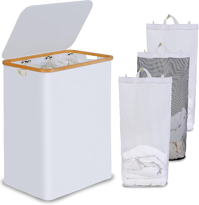 efluky Laundry Hamper with Lid, Trio Laundry Basket with 2 Removable Bags, 3 Section Laundry Bin with Bamboo Handles for Bathroom, Bedroom & Laundry Room, 160L (42.3 Gallon) White