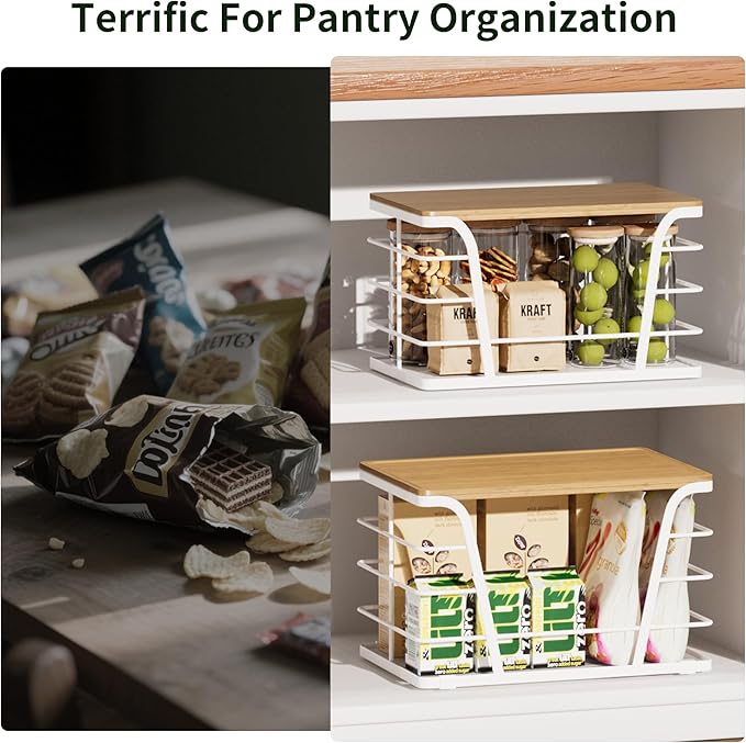 TIDIIABODE 2 Pack Kitchen Organization for Onions,Potatoes - Fruit Basket for Kitchen Counter & Storage Basket,Stackable Storage Bins with Bamboo Top & Lightweight PP Mat,White