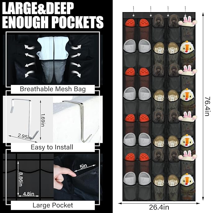 Windyun 40 Over the Door Shoe Organizer Large Breathable Mesh Pockets Hanging Shoe Rack for Closet Black Behind Door Hanger Storage Holder Nonslip Hooks for Women Men Entryway Bedroom Utility Room