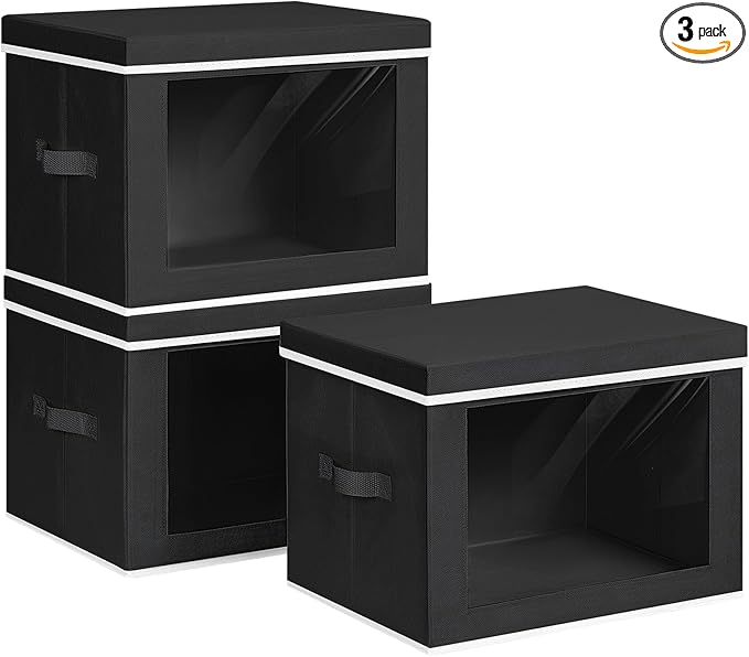 Homsorout Storage Bins with Lids, 3 Pack Large Storage Cubes with Window, Closet Bins with Lids & Handles, Fabric Box for Organizing Clothes, Towels, Books, Black