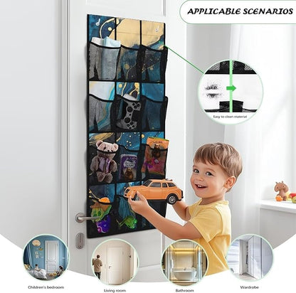 Hanging Storage Pockets Over The Door Organizer Storage for Closet with 12 Mesh Pockets Organizers, Clothes Organizer for Bathroom Bedroom,Blue Marble