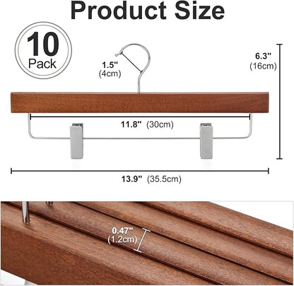 TOPIA HANGER Lotus Wood Pants Hangers, Walnut Wooden Skirt Short Jeans Trouser Hanger with Smooth Surface 360° Swivel Hook Anti Rust 2 Adjustable Clips, 10 Pack CT10PWA