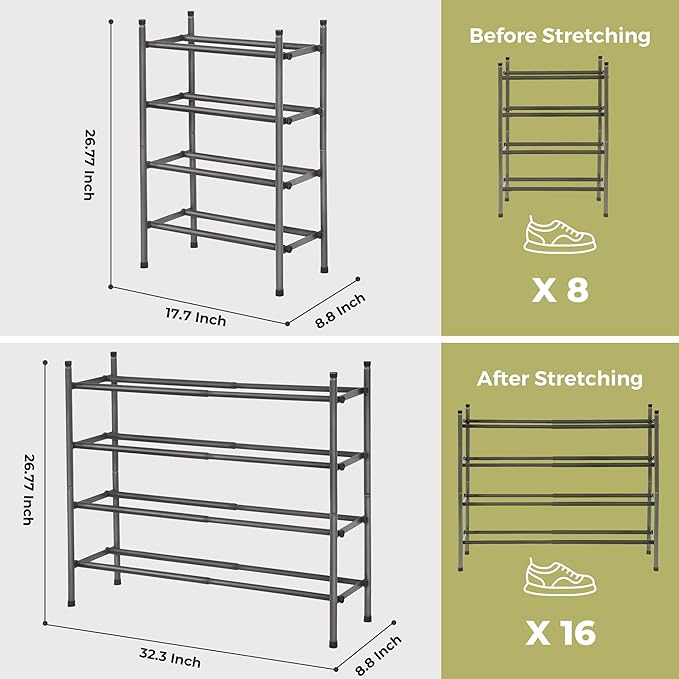 Shoe Rack, Expandable Shoe Storage Organizer for Closet, 4 Tier Metal Shoe Rack for Entryway, Adjustable Small Shoe Shelf for Front Door Entrance, Small Space, Garage