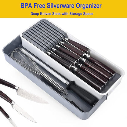 Expandable Drawer Organizers with Knife Block Knife Drawer Organizer stackable Cutlery Tray Knife Holder adjustable tray with Knife Block 9 Knives slot DIY drawer organizer(1 pack)