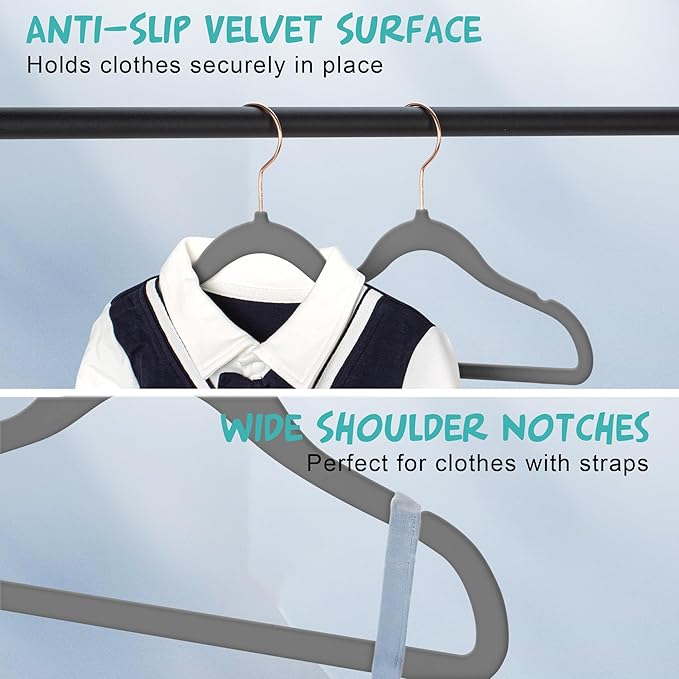 50 Pack Velvet Baby Hangers Non-Slip Clothes Hanger with Swivel Hooks, Space Saving Infant Toddler Closet Organizers, Ultra Thin Durable Child Hangers for Nursery, Kids, Children Wardrobe (Grey)