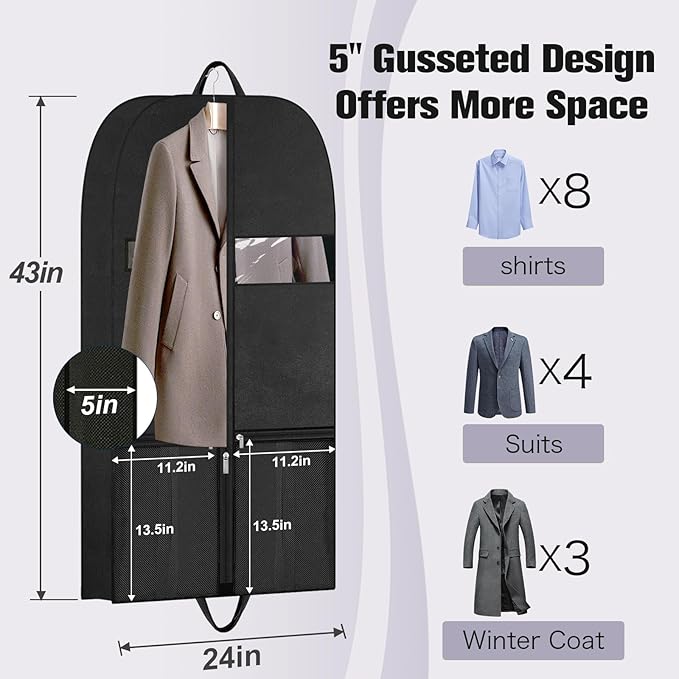 43" Garment Bags for Closet Storage and Travel, Gusseted Hanging Garment Bags for Men Women with Pockets Handles and Zipper, Suit Cover Bags for Clothes, Suits, Dress, Shirts, Coats, Jackets