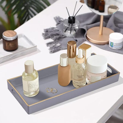 MAONAME Gray Bathroom Tray, Plastic Vanity Tray, Long Narrow Countertop Trays with Handles, Perfume Organizer Trays for Dresser, Bathroom Accessories, 13.8" x 6" x 1.57"