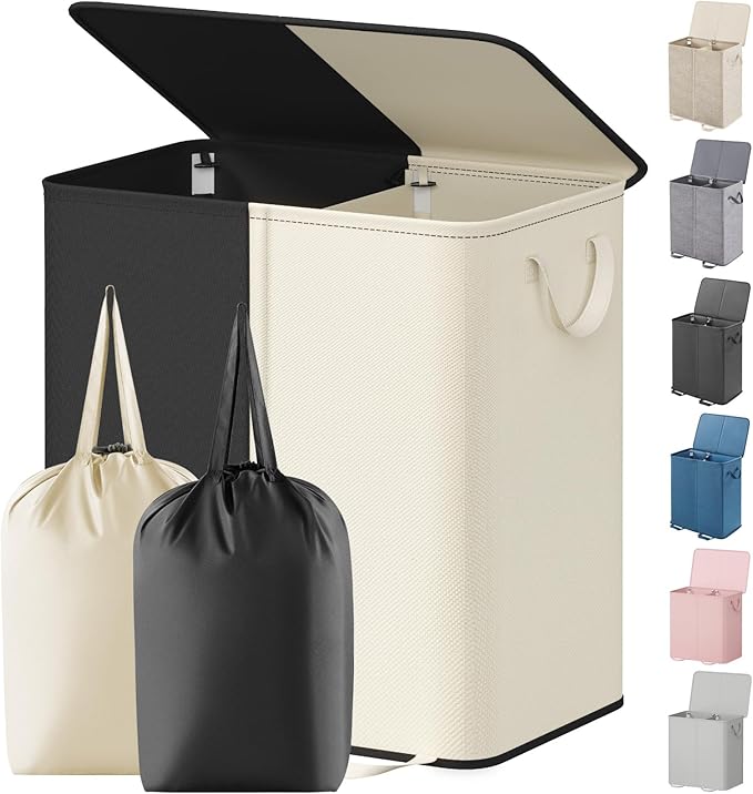 Lifewit Double Laundry Hamper with Lid and Removable Laundry Bags, Large Collapsible 2 Dividers Dirty Clothes Basket with Handles for Bedroom Laundry Room Closet Bathroom College, 136L White&Black