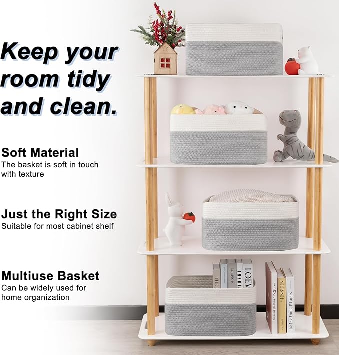 4 Pack Storage Baskets for Organizing, Woven Baskets for Shelves - Perfect for Toys, Books, Towels, and Clothes, Durable Gift Basket Bins Toy Storage, 15.7''Lx11.8''Wx7.8''H, Grey and White