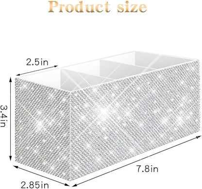 Bling Makeup Brush Holder Organizer, 3 Slot Sparkle Cosmetics Brushes Storage Holders with Shiny Rhinestones, Glitter Cute Pen and Pencil Holder for Desk, Eyeliners Display Case for Vanity（White）