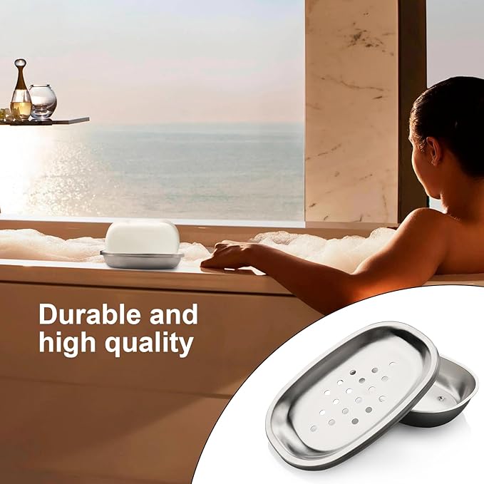 Stainless Steel Soap Dish with Double Layer Draining for Bathroom, Chrome Brushed Nickel Soap Box with Drainage, Shower Countertop Tray (Dots)