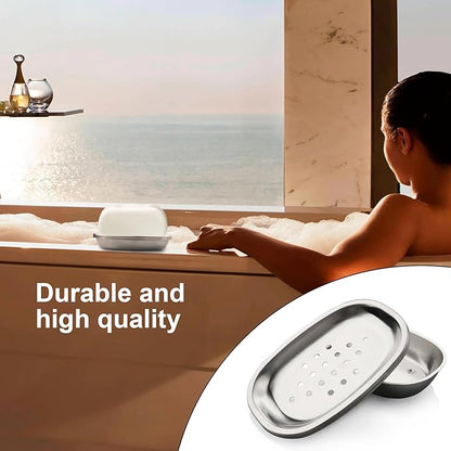 Stainless Steel Soap Dish with Double Layer Draining for Bathroom, Chrome Brushed Nickel Soap Box with Drainage, Shower Countertop Tray (Dots)