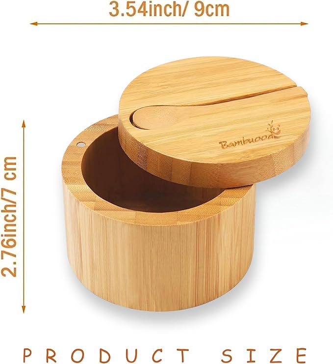 Premium Bamboo Salt Cellar with Swivel Magnetic Lid - 100% Handmade, Elegant Salt & Spices Storage Box and Multi-Use Container with Mini Spoon.