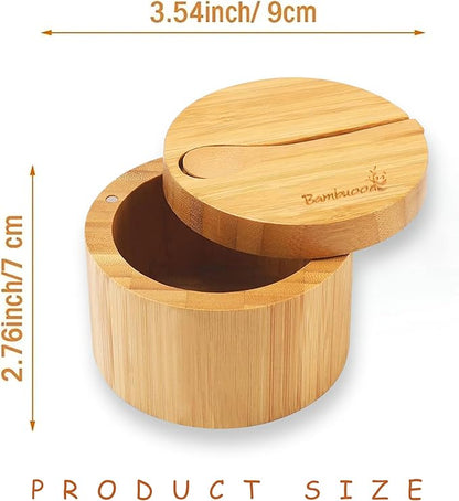 Premium Bamboo Salt Cellar with Swivel Magnetic Lid - 100% Handmade, Elegant Salt & Spices Storage Box and Multi-Use Container with Mini Spoon.