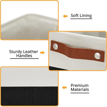 DULLEMELO Large Fabric Basket for Organizing, 17"x12"x15" Storage Basket With Leather Handles, Collapsible Storage Bin for Clothes, Toys, Books, Office, Bedroom, Closet, Nursery&Laundry (White&Black)