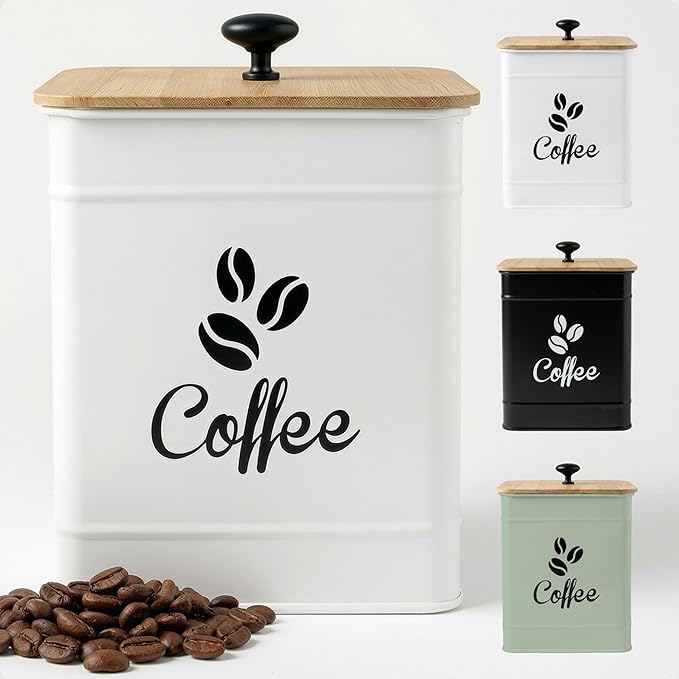 Airtight Coffee Canister - 40 oz Large Iron White Coffee Container Airtight - 6 x 8 inch Metal Jar - Stylish Countertop Container for Coffee Grounds, Beans, Pods & More with Rubber-Lined Bamboo Lid