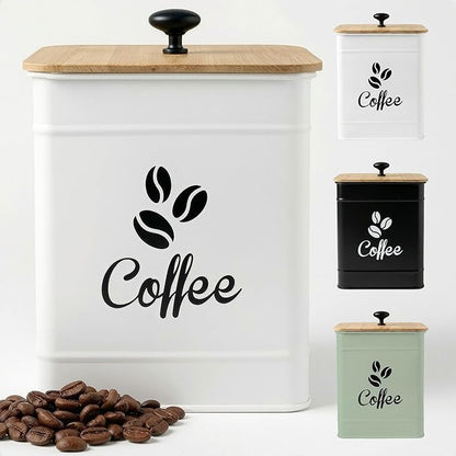Airtight Coffee Canister - 40 oz Large Iron White Coffee Container Airtight - 6 x 8 inch Metal Jar - Stylish Countertop Container for Coffee Grounds, Beans, Pods & More with Rubber-Lined Bamboo Lid