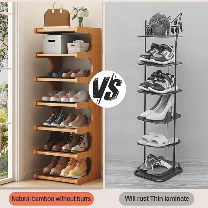 39" Bamboo Shoe Rack - Vertical Shoe Organizer Rack for Small Space, Narrow Shoe Tower for Closet, Entryway, Corner, Tall Shoe Shelf with Removable Shelves, Flexible Storage Shelf for Saving Space