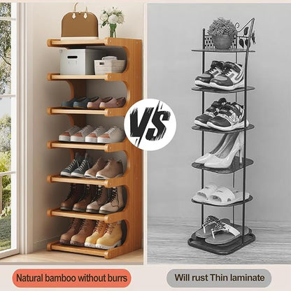 39" Bamboo Shoe Rack - Vertical Shoe Organizer Rack for Small Space, Narrow Shoe Tower for Closet, Entryway, Corner, Tall Shoe Shelf with Removable Shelves, Flexible Storage Shelf for Saving Space