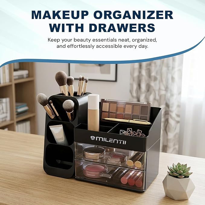 Makeup Organizer with Drawers, Large Capacity Cosmetic & Skincare Storage Box, Countertop Vanity Organizer for Bathroom, Bedroom & Dresser, ABS Plastic Makeup Storage Organizer, Black