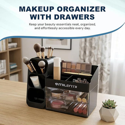 Makeup Organizer with Drawers, Large Capacity Cosmetic & Skincare Storage Box, Countertop Vanity Organizer for Bathroom, Bedroom & Dresser, ABS Plastic Makeup Storage Organizer, Black