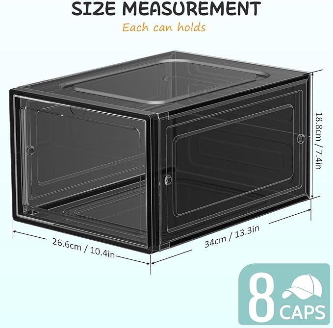 SCAVATA 6 Pack Hat Organizer Box, Stackable Clear Baseball Caps Holder Box Containers with Magnetic Door for Hats Snapback Cap Storag, Hat Rack Display Case, Holds 8 Hats Each (Black)