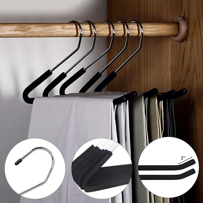 Heavy-Duty Pants Hangers Non-Slip, Foam Open Ended Slacks Pants Hangers for Men and Women, Space Saving Metal Trousers Hangers for Closet, Skirt and Jean Hangers, Black (10)