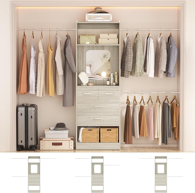 Unikito 8FT Closet System, Customizable 96” Closet Storage Organizer with 25” Tower and 3 Extendable Hanging Rods (Can Be Cut to Fit), Heavy Duty Clothing Racks with 4 Drawers and Shelves, White Oak