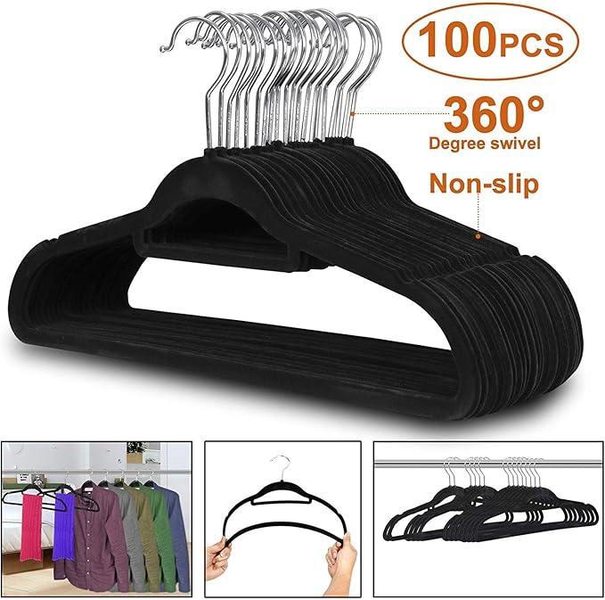 Suit Hangers Ultra Thin Velvet Coat Hangers Non Slip Flocked Clothes Hanger 360°Swivel Hook 100 Pack/Lot，Black