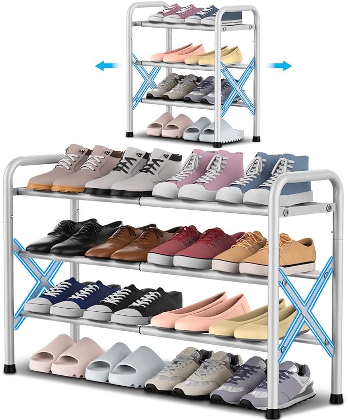 YEASHEIN 3-Tier Expandable Shoe Rack for Closet Floor, X-Frame Metal Small Shoe Rack for Entryway, Adjustable Shoe Shelf Organizer, Free Standing Shoe Racks for Front Door Entrance, Garage - White