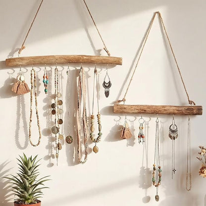 Yinkin 2 Pcs Natural Driftwood Jewelry Hanger Wall Driftwood for Crafts with Hooks 15.75 Inch 9.84 Inch Boho Wall Jewelry Shelf for Home Walls Shop Window Display