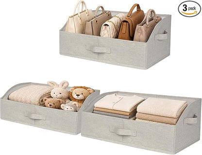 WUIKE Trapezoid Storage Bins for Closet Organizers and Storage, Fabric Closet Bins with Handles, Foldable Storage Baskets for Clothes, Purse, Blanket, Line Beige, Extra Large, 3-Pack