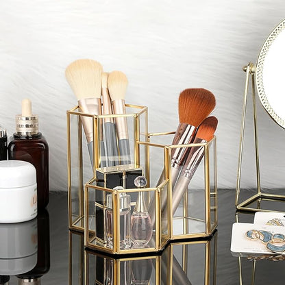 Hipiwe Glass Makeup Brush Holder 3 Slot Mirrored Gold Cosmetics Brush Organizer Eyeliners Display Case Vintage Decorative Makeup Storage Box Desktop Pen Pencil Pot, Large