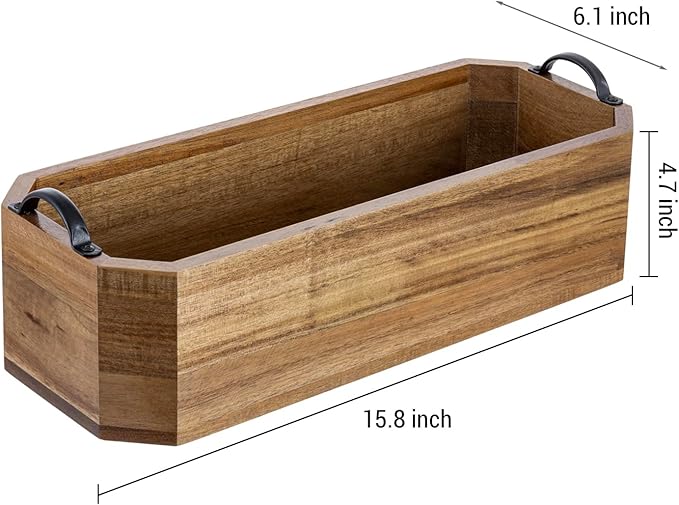 MyGift Wooden Bathroom Tray - Toilet Tank Organizer Basket, Wood Toilet Paper Holder & Toiletry Caddy with Metal Handles for Vanity Countertop