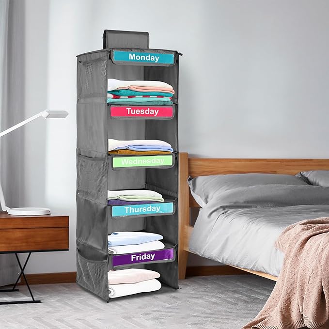 Weekly Clothes Organizer for Kids, 5-Shelf Hanging Closet Organizer with Visual Label, Multipurpose Polyester Clothes Organizer, Monday to Friday Weekly Clothing Organizer for Hats T-Shirts (Gray)