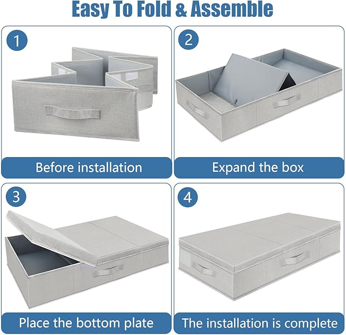 Supowin Underbed Storage Containers Bin with Lids, Large Under Bed Storage Organizer Box with Handle, Foldable Under the Storage Bags for Organizing Clothes, Shoes, Blankets, Pillows
