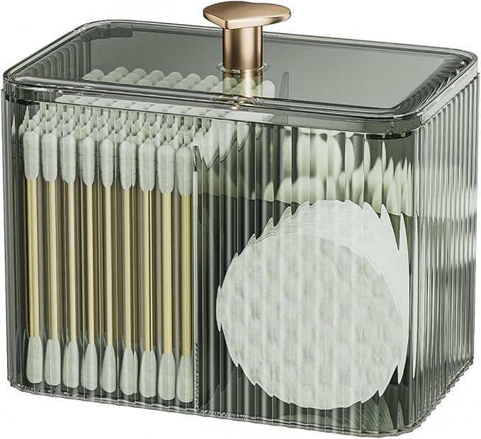 Q Tip Holder for Bathroom with 3 Compartments, Cute Clear Plastic Bathroom Container Jars Canister Dispenser with Lid for Cotton Swab, Ball, Pad, Round, Bathroom Organizer and Storage, Smoked Green