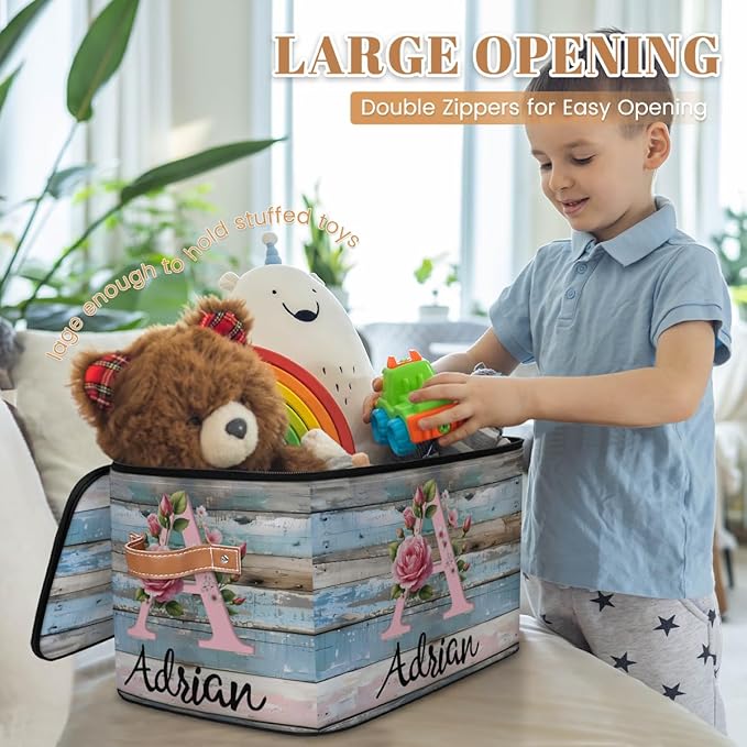 Custom Initials Wood Flower Storage Bins with Lid, Foldable Personalized Storage Basket Boxes with Handle Shelf Basket Closet Organizer Cube