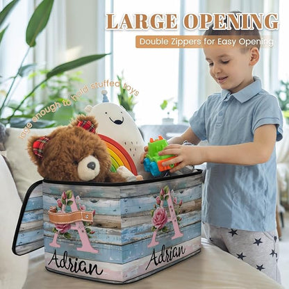 Custom Initials Wood Flower Storage Bins with Lid, Foldable Personalized Storage Basket Boxes with Handle Shelf Basket Closet Organizer Cube